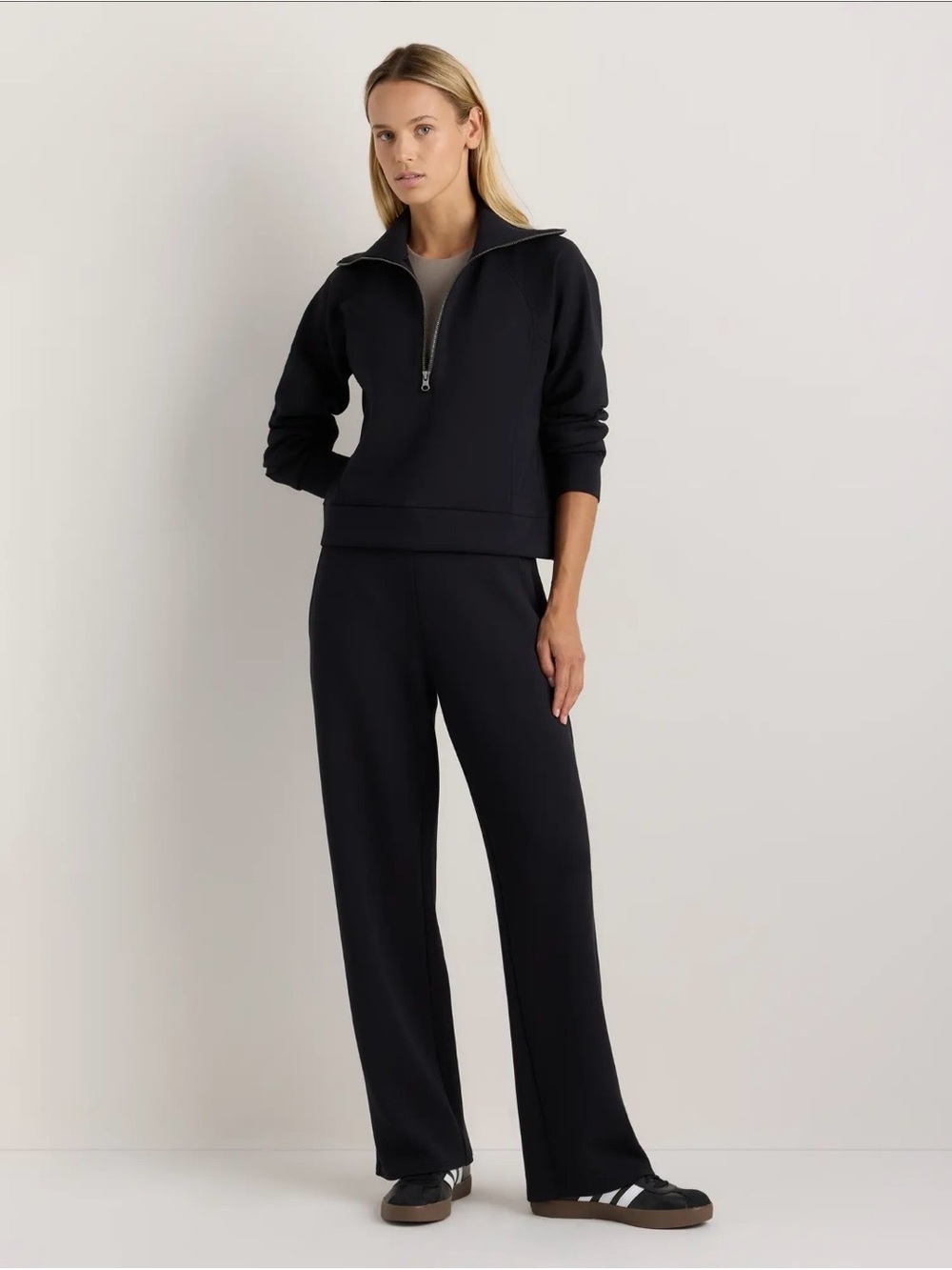 NWT Set of Quince CloudComfort Half Zip Sweatshirt and Black Wide-Leg Pants